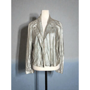 Size M INC International Concepts Silver Faux Leather Cropped Moto Jacket